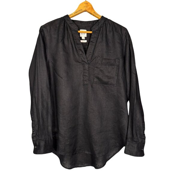 GAP 100% Linen Long Sleeve Black Tunic Top Blouse with Chest Pocket - Picture 1 of 6